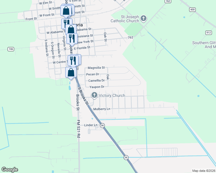 map of restaurants, bars, coffee shops, grocery stores, and more near 281 Yaupon Drive in Brazoria