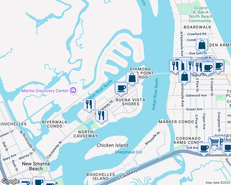 map of restaurants, bars, coffee shops, grocery stores, and more near 335 North Causeway in New Smyrna Beach