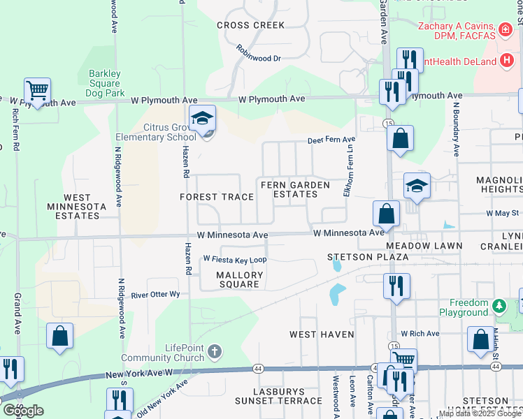 map of restaurants, bars, coffee shops, grocery stores, and more near 505 Brittle Fern Avenue in DeLand