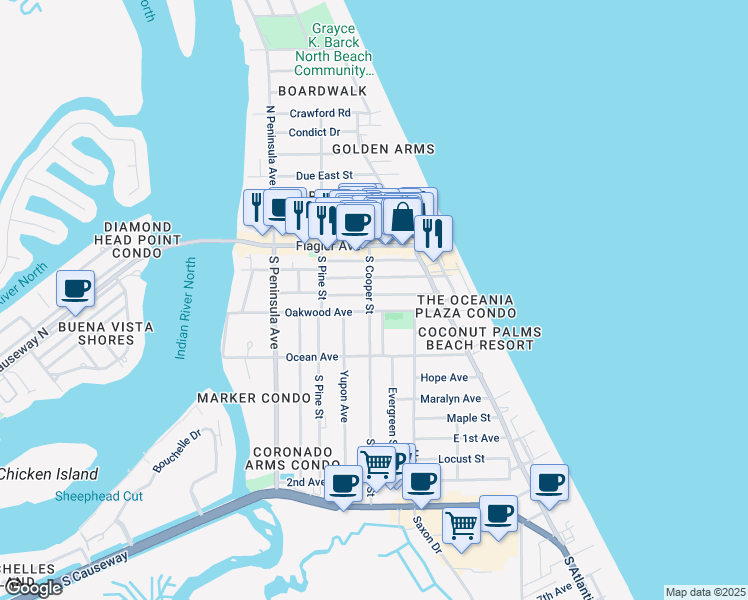 map of restaurants, bars, coffee shops, grocery stores, and more near 406 Cedar Avenue in New Smyrna Beach
