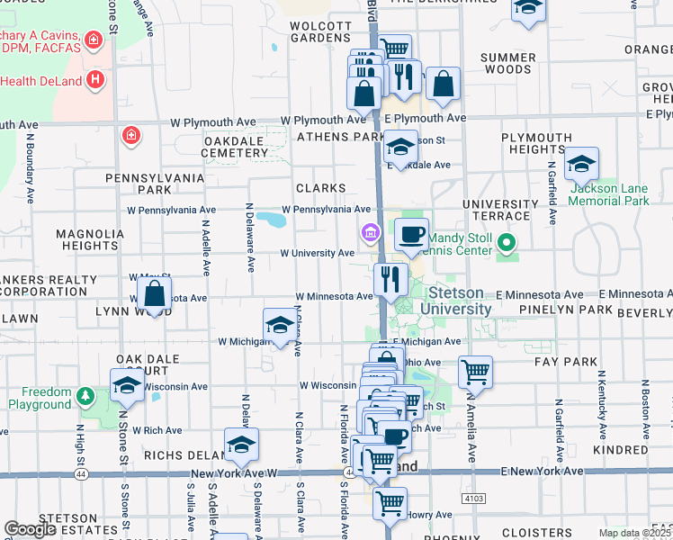 map of restaurants, bars, coffee shops, grocery stores, and more near 528 North Florida Avenue in DeLand
