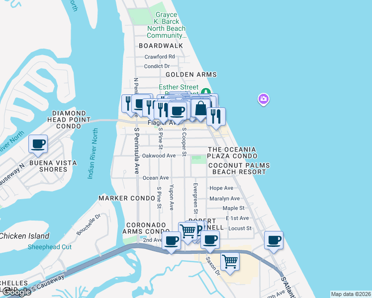 map of restaurants, bars, coffee shops, grocery stores, and more near 401 South Cooper Street in New Smyrna Beach