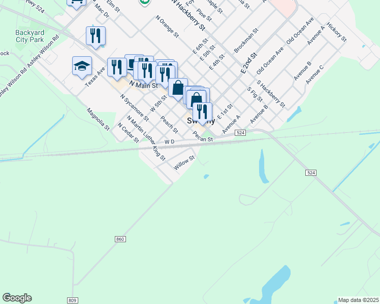 map of restaurants, bars, coffee shops, grocery stores, and more near 306 Harlem Street in Sweeny