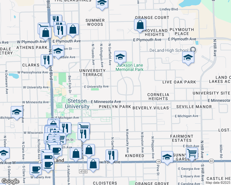 map of restaurants, bars, coffee shops, grocery stores, and more near 424 East University Avenue in DeLand