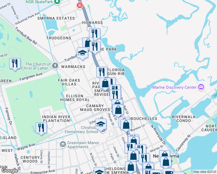 map of restaurants, bars, coffee shops, grocery stores, and more near 806 Craig Street in New Smyrna Beach