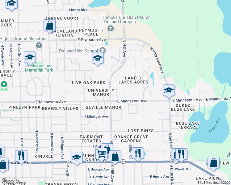 map of restaurants, bars, coffee shops, grocery stores, and more near 506 Ewing Lane in DeLand