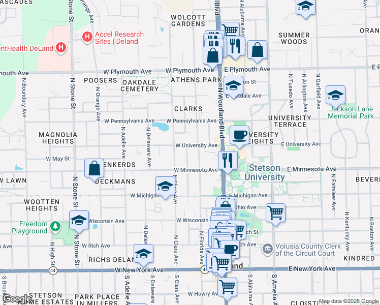 map of restaurants, bars, coffee shops, grocery stores, and more near 542 North Florida Avenue in DeLand