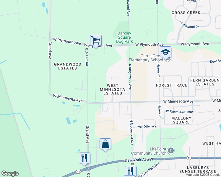 map of restaurants, bars, coffee shops, grocery stores, and more near 600 North Parkway Street in DeLand