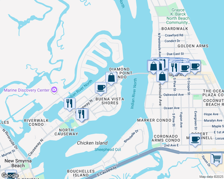 map of restaurants, bars, coffee shops, grocery stores, and more near 419 North Causeway in New Smyrna Beach