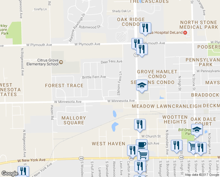 map of restaurants, bars, coffee shops, grocery stores, and more near 513 Walking Fern Loop in DeLand
