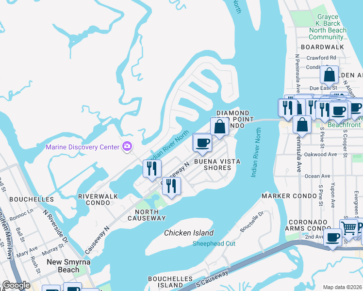 map of restaurants, bars, coffee shops, grocery stores, and more near 315 North Causeway in New Smyrna Beach