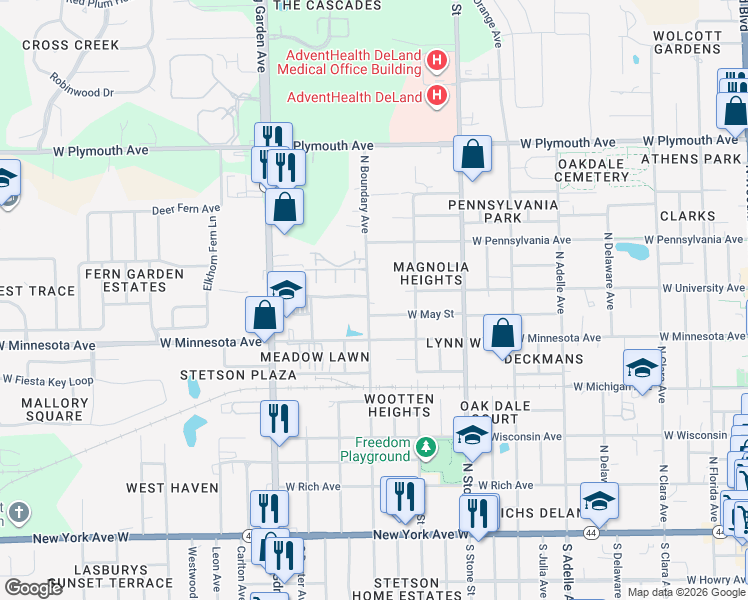 map of restaurants, bars, coffee shops, grocery stores, and more near 517 North Boundary Avenue in DeLand