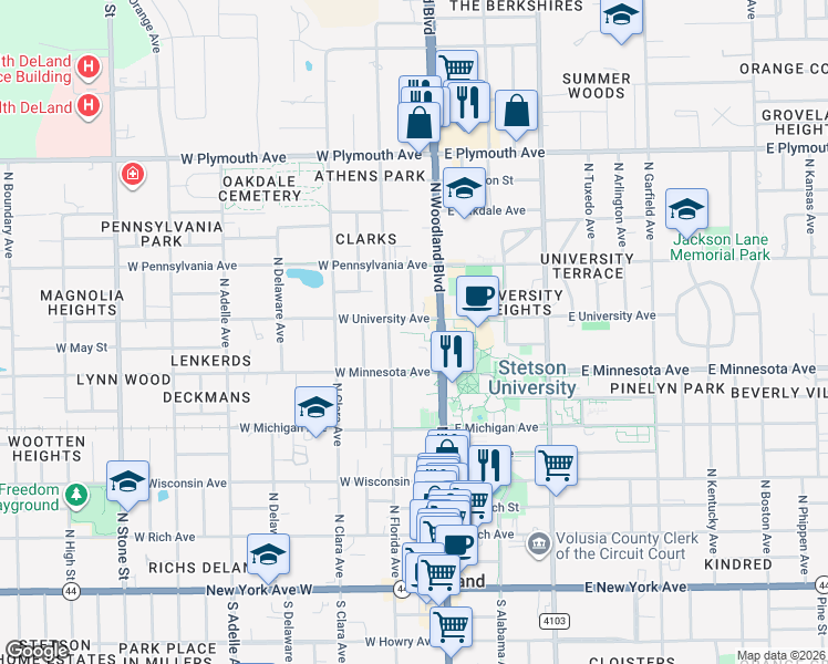 map of restaurants, bars, coffee shops, grocery stores, and more near 535 North Florida Avenue in DeLand