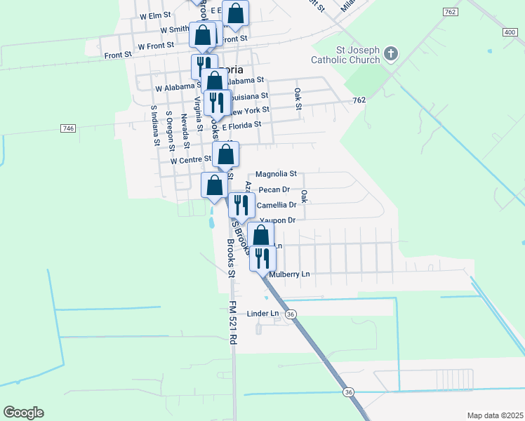 map of restaurants, bars, coffee shops, grocery stores, and more near 232 Camellia Dr in Brazoria