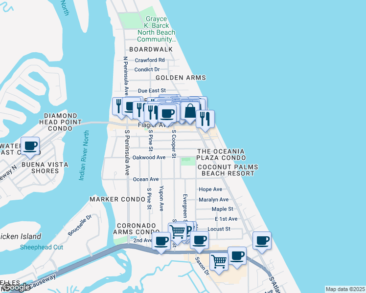 map of restaurants, bars, coffee shops, grocery stores, and more near 406 Cedar Avenue in New Smyrna Beach