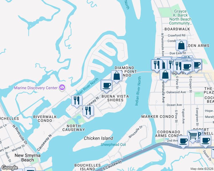 map of restaurants, bars, coffee shops, grocery stores, and more near 335 North Causeway in New Smyrna Beach