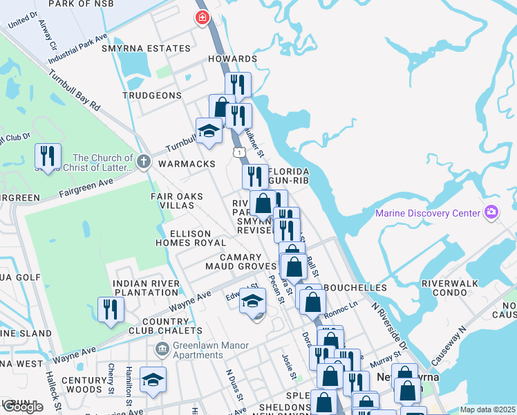map of restaurants, bars, coffee shops, grocery stores, and more near 824 North Dixie Freeway in New Smyrna Beach