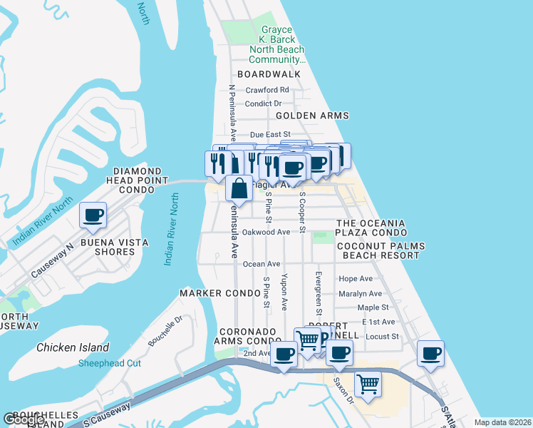 map of restaurants, bars, coffee shops, grocery stores, and more near 222 Cedar Avenue in New Smyrna Beach