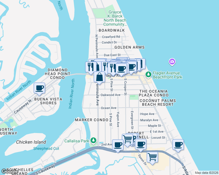 map of restaurants, bars, coffee shops, grocery stores, and more near 222 Cedar Avenue in New Smyrna Beach