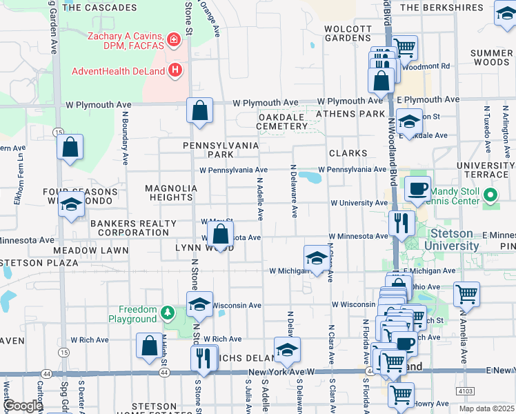 map of restaurants, bars, coffee shops, grocery stores, and more near 502 West University Avenue in DeLand