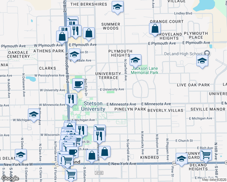 map of restaurants, bars, coffee shops, grocery stores, and more near 402 East University Avenue in DeLand