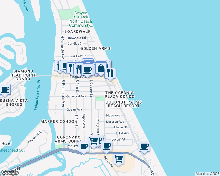 map of restaurants, bars, coffee shops, grocery stores, and more near 317 South Atlantic Avenue in New Smyrna Beach