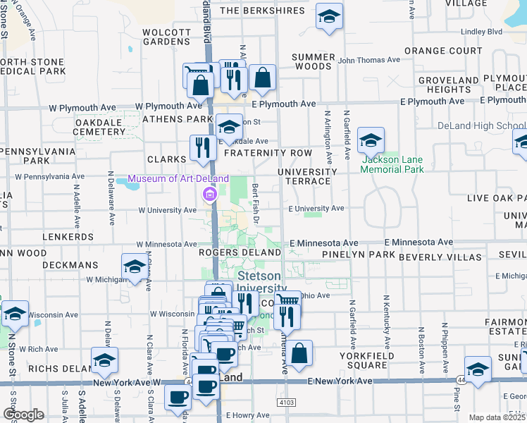 map of restaurants, bars, coffee shops, grocery stores, and more near 202 East University Avenue in DeLand