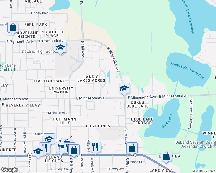 map of restaurants, bars, coffee shops, grocery stores, and more near 575 Penns Neck Drive in DeLand