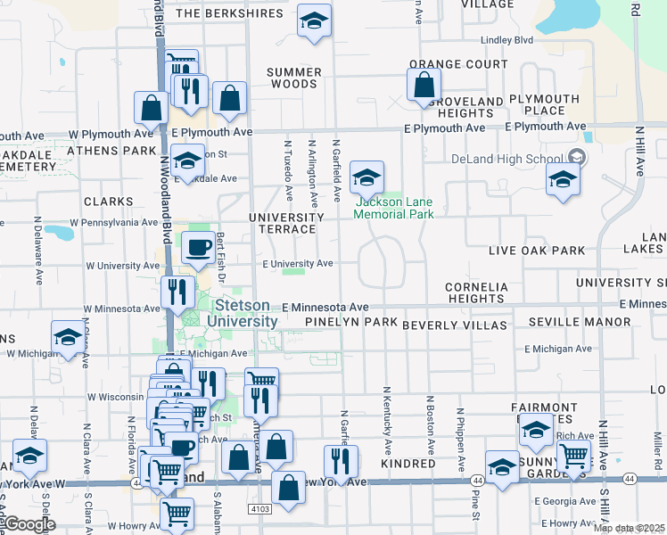 map of restaurants, bars, coffee shops, grocery stores, and more near 424 East University Avenue in DeLand