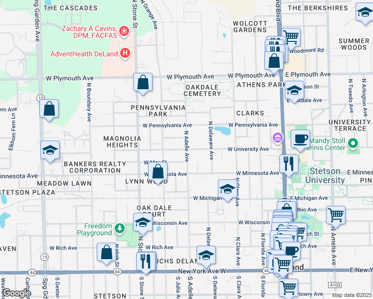 map of restaurants, bars, coffee shops, grocery stores, and more near 600 North Adelle Avenue in DeLand