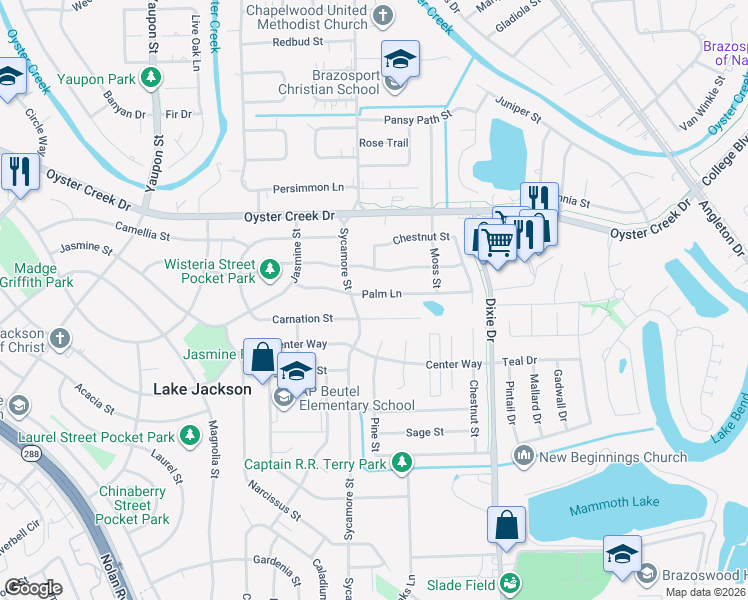 map of restaurants, bars, coffee shops, grocery stores, and more near 208 Palm Lane in Lake Jackson