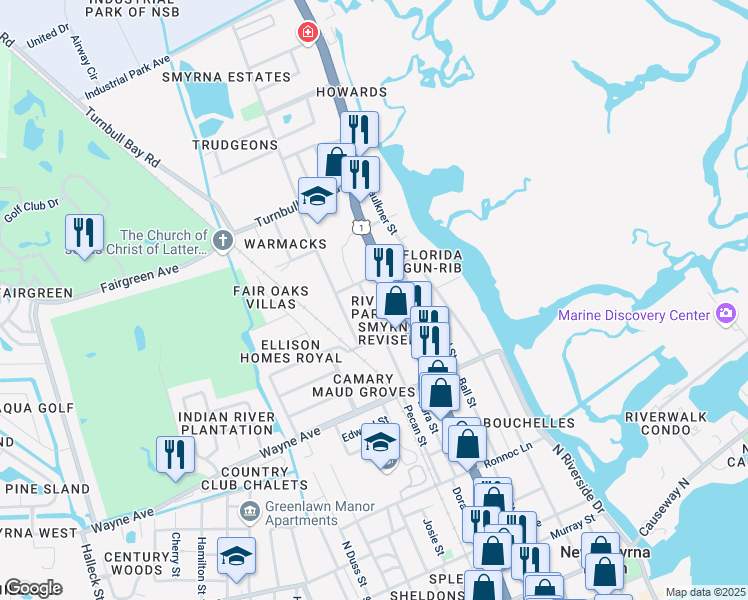 map of restaurants, bars, coffee shops, grocery stores, and more near 824 North Dixie Freeway in New Smyrna Beach