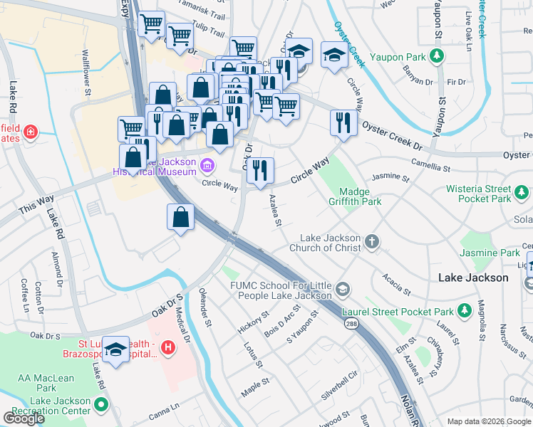 map of restaurants, bars, coffee shops, grocery stores, and more near 51 Vinca Court in Lake Jackson
