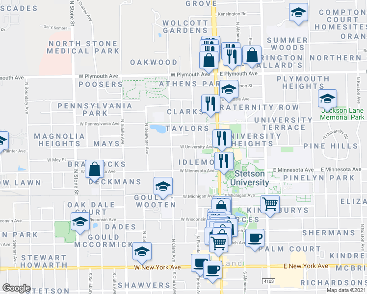 map of restaurants, bars, coffee shops, grocery stores, and more near 740 North Sans Souci Avenue in DeLand