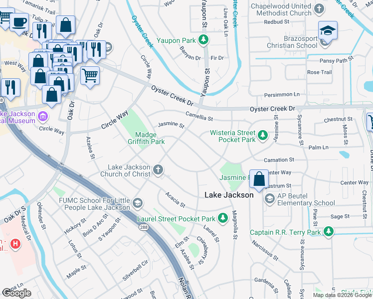 map of restaurants, bars, coffee shops, grocery stores, and more near 516 Magnolia Street in Lake Jackson