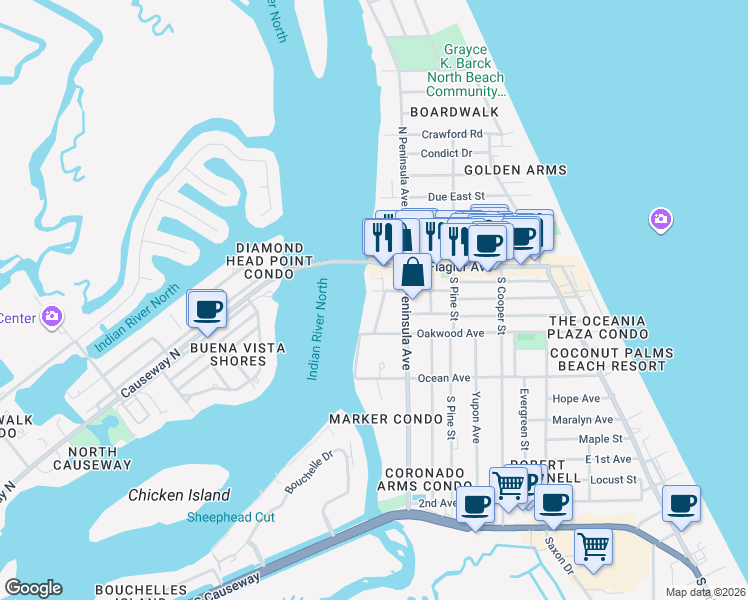 map of restaurants, bars, coffee shops, grocery stores, and more near 202 Canova Drive in New Smyrna Beach