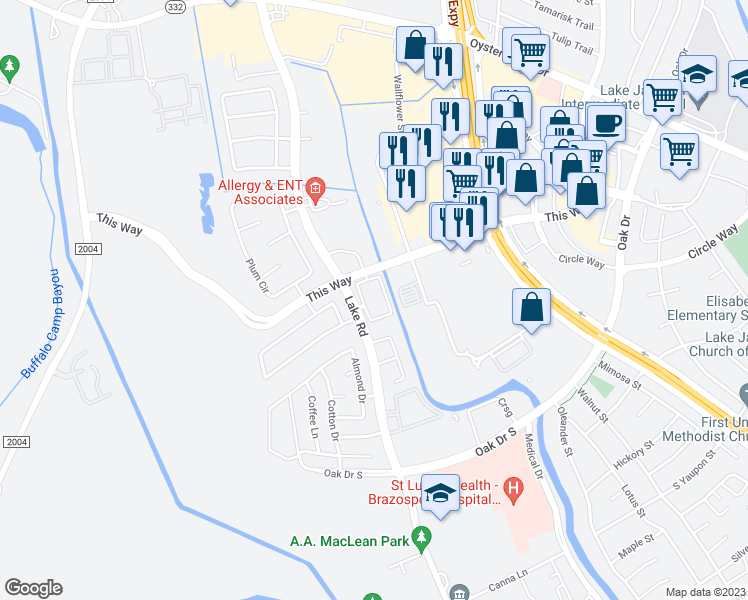 map of restaurants, bars, coffee shops, grocery stores, and more near 130 Lake Road in Lake Jackson