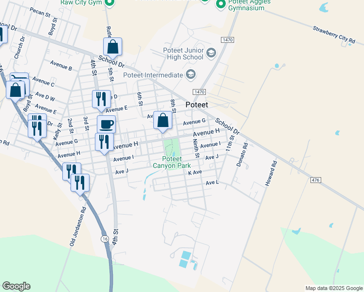 map of restaurants, bars, coffee shops, grocery stores, and more near 285 Avenue I in Poteet
