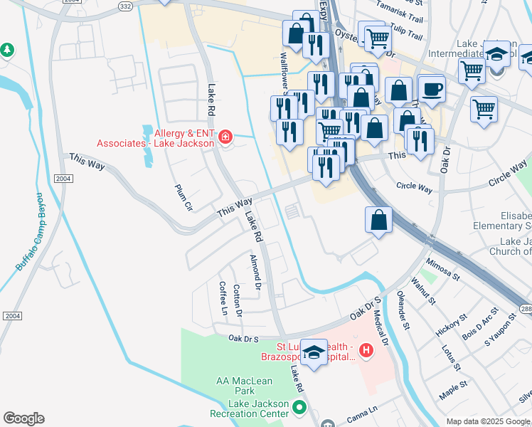 map of restaurants, bars, coffee shops, grocery stores, and more near 130 Lake Road in Lake Jackson