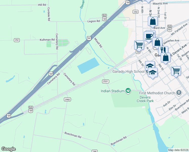 map of restaurants, bars, coffee shops, grocery stores, and more near 1840 Loop 522 in Ganado