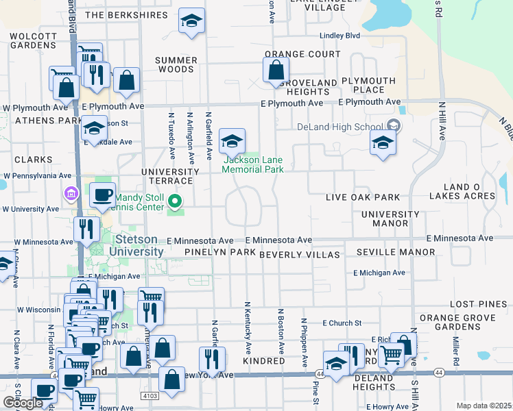map of restaurants, bars, coffee shops, grocery stores, and more near 42 University Circle in DeLand