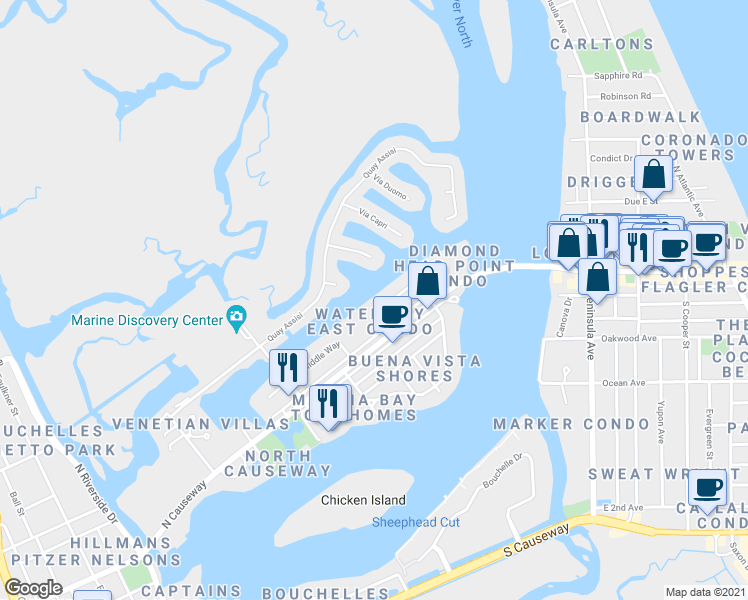 map of restaurants, bars, coffee shops, grocery stores, and more near 335 North Causeway in New Smyrna Beach