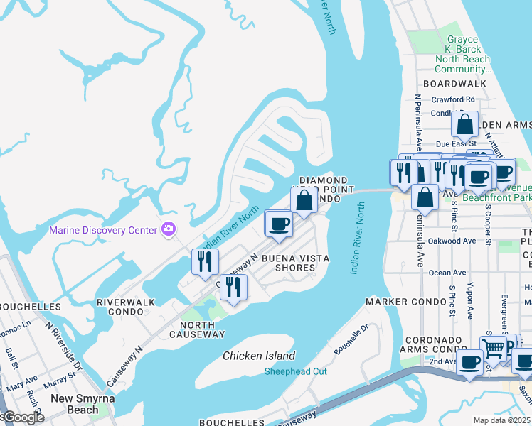 map of restaurants, bars, coffee shops, grocery stores, and more near 335 North Causeway in New Smyrna Beach