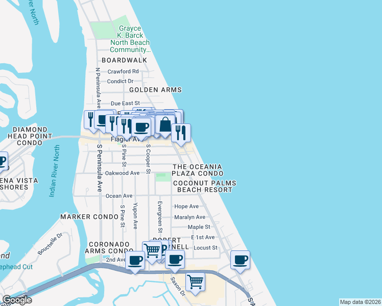 map of restaurants, bars, coffee shops, grocery stores, and more near 207 Buenos Aires Street in New Smyrna Beach