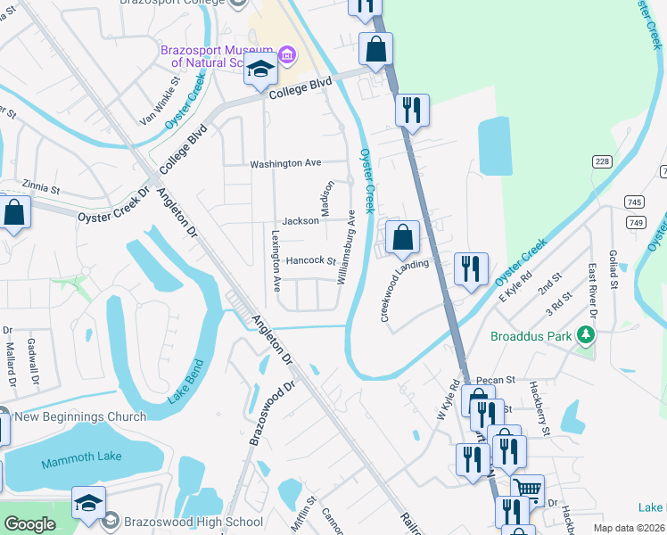 map of restaurants, bars, coffee shops, grocery stores, and more near 208 Jefferson Street in Clute