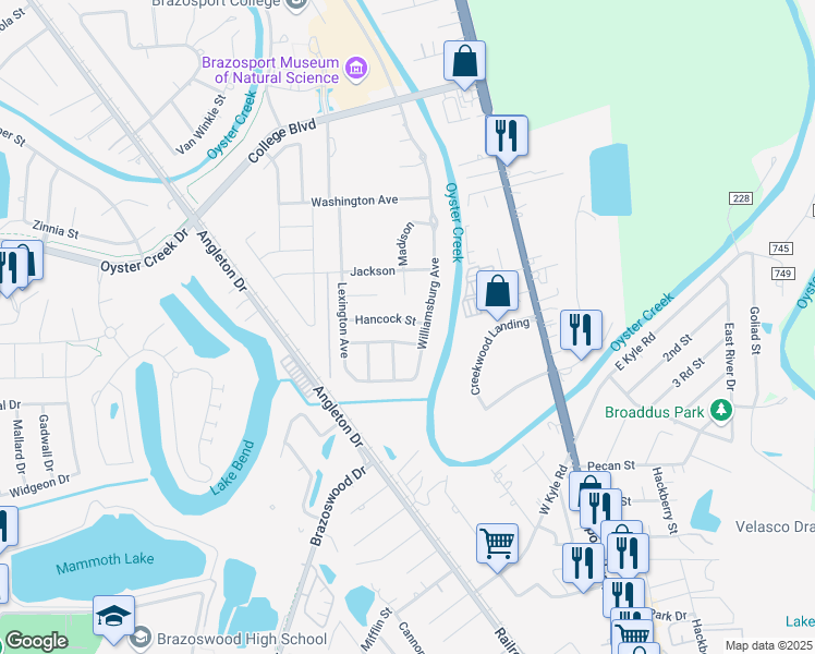 map of restaurants, bars, coffee shops, grocery stores, and more near 205 Hancock Street in Clute