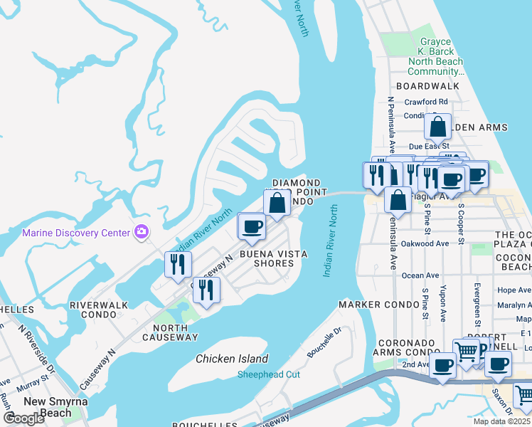 map of restaurants, bars, coffee shops, grocery stores, and more near 419 North Causeway in New Smyrna Beach