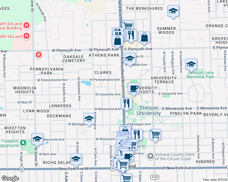 map of restaurants, bars, coffee shops, grocery stores, and more near 535 North Florida Avenue in DeLand
