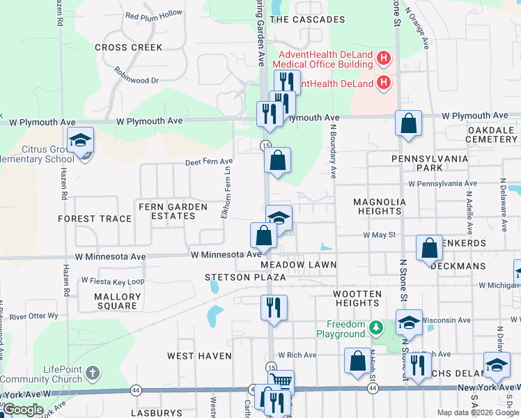 map of restaurants, bars, coffee shops, grocery stores, and more near 680 North Spring Garden Avenue in DeLand