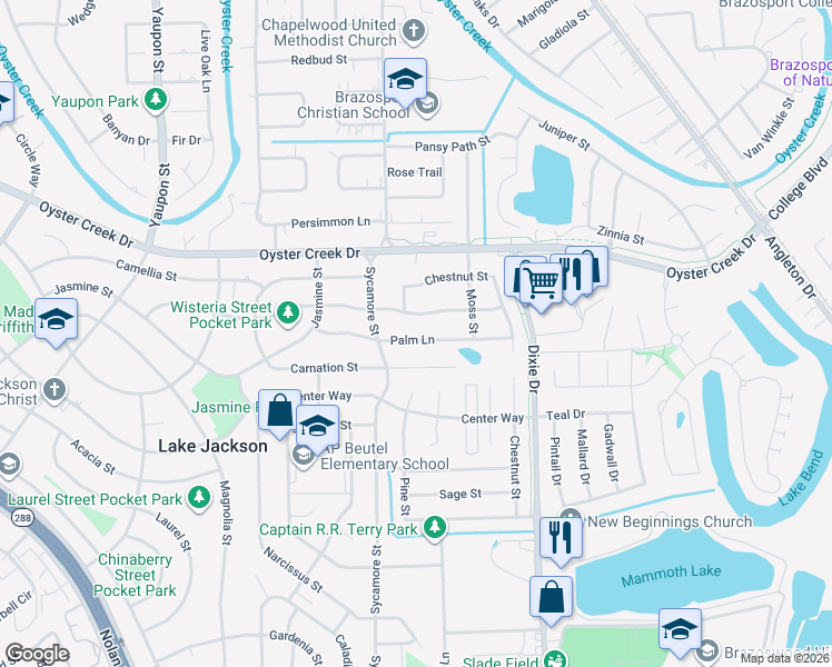 map of restaurants, bars, coffee shops, grocery stores, and more near 208 Palm Lane in Lake Jackson